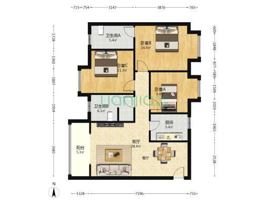 南湖春天 3室1厅2卫 105平方