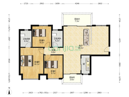 远洋翡丽郡一期 3室1厅2卫 125平方