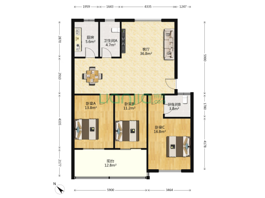 福如家园 3室1厅2卫 125平方