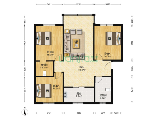 龙景花苑东二区 3室1厅1卫 120平方