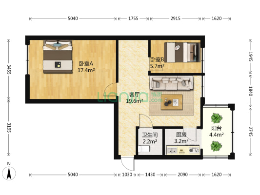 哈电集团宿舍 2室1厅1卫 65平方