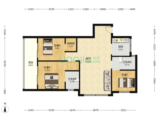 颐景园 3室1厅2卫 118平方
