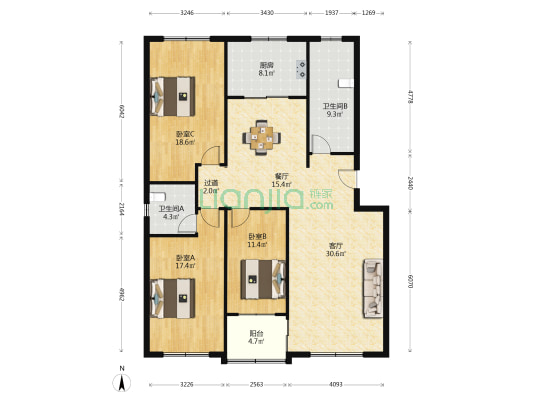 东方花园 3室2厅2卫 148平方