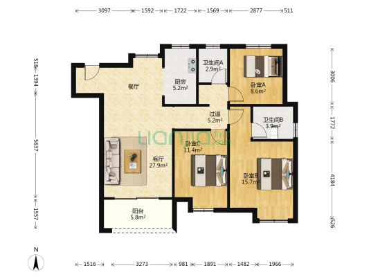 隐山观湖B区 3室1厅2卫 118平方