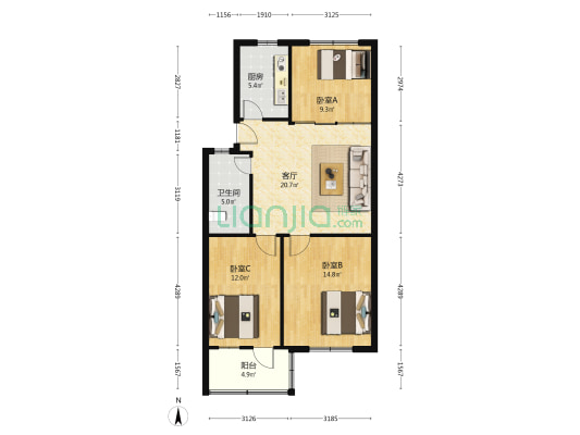 风南商住城 3室1厅1卫 85平方