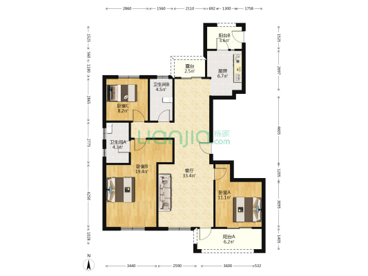 绿洲华庭 3室1厅2卫 136平方