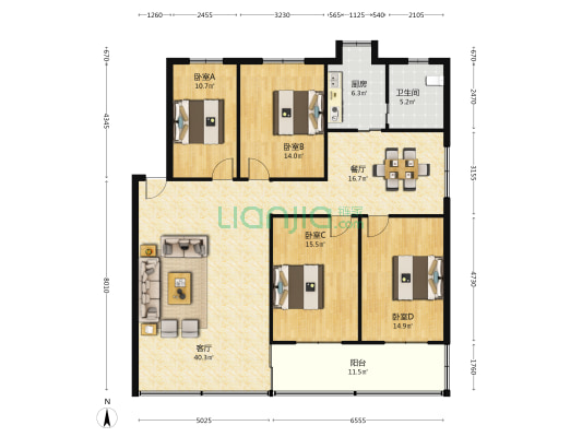 中国人寿宿舍 4室2厅1卫 147平方