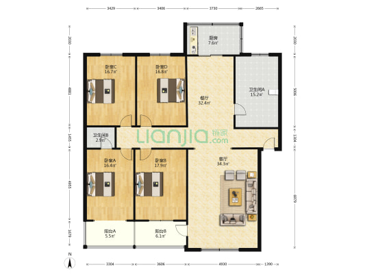 福祥小区 4室2厅 南 北-户型图
