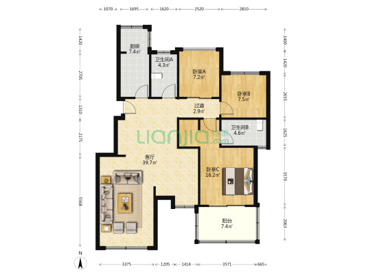 文一名门云河湾东区 3室1厅2卫 111平方
