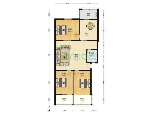 实验中学北宿舍 3室2厅1卫 120平方