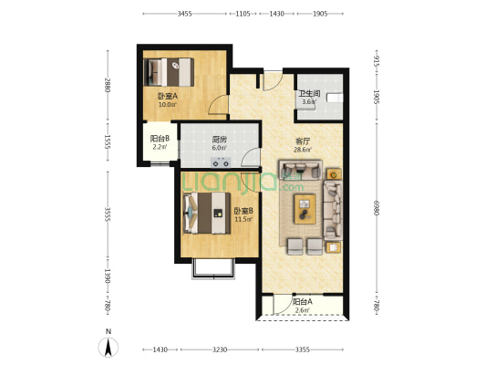 花园小区封闭管理，房子户型方正采光充足，居住舒适-户型图