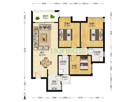 雁山新城 3室1厅2卫 104平方