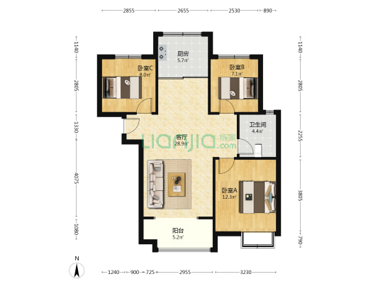 天伦湾精装修南北通透3居 明厨明卫 集中供暖 人车分流-户型图