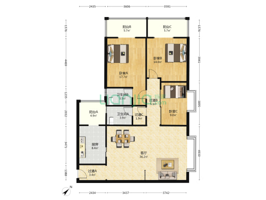 船舶广场 3室1厅2卫 146平方