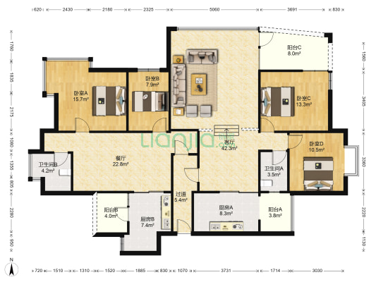 恒大苹果园·东方诗韵 4室2厅2卫 189平方