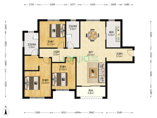 融创天朗南长安街壹号一期 3室1厅2卫 132平方