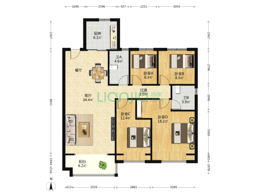 凤凰城二期凤麟苑 4室1厅2卫 141平方