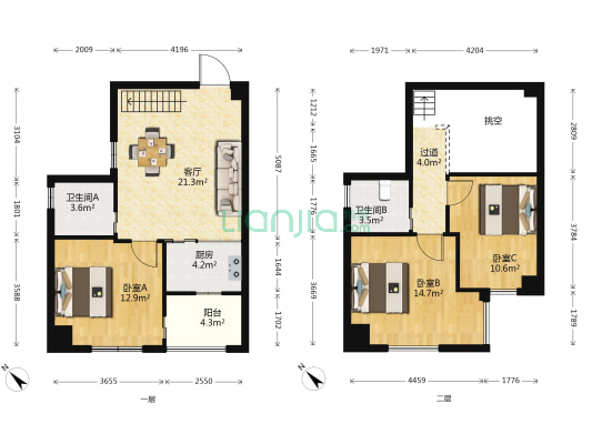 明门公寓 3室1厅2卫 69平方