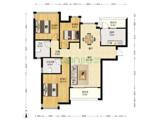 恒大海泉湾 3室1厅2卫 118平方