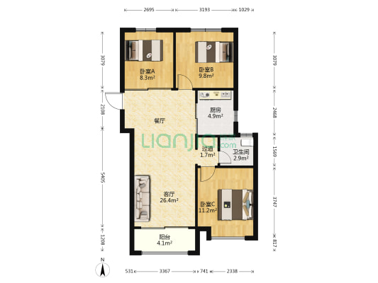 中粮鸿云坊 3室1厅1卫 94平方