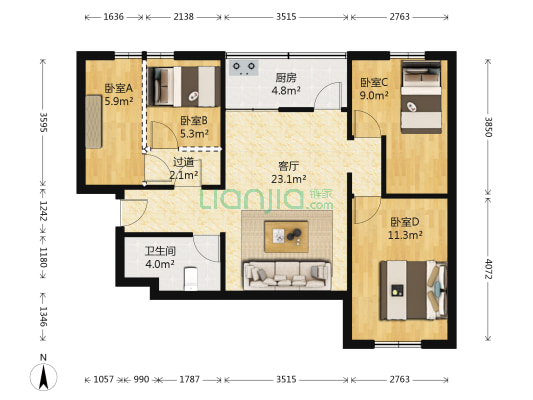 平洲商住城 4室1厅1卫 100平方