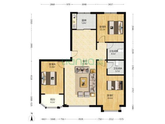 范阳路旁 精装修大三居 花园小区 环境优美 出行方便-户型图