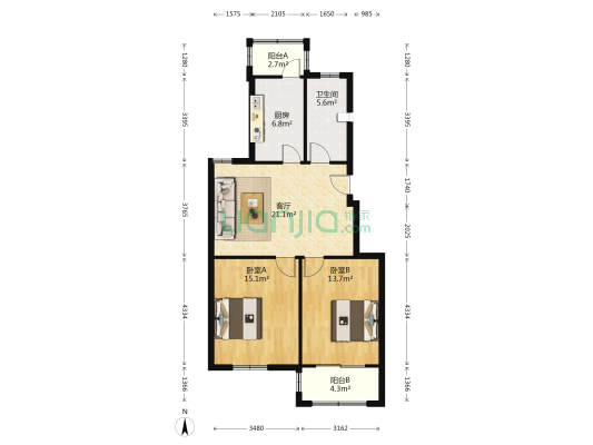 新港花苑 2室1厅1卫 88平方