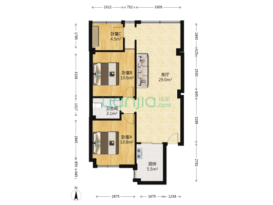 蟠龙花园 3室1厅1卫 69平方