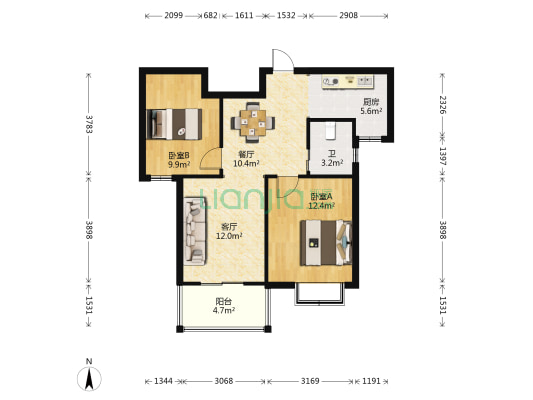 万陈花苑 2室2厅1卫 82平方