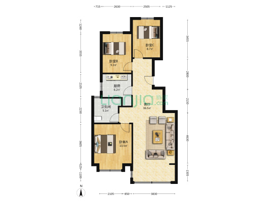 潮白河孔雀城晨曦园 3室1厅1卫 105平方