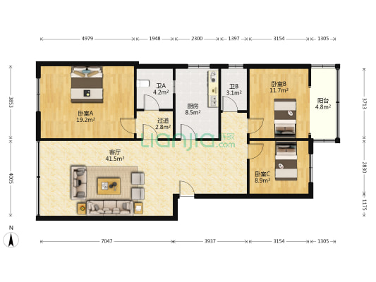 康居绣园 3室1厅2卫 126平方