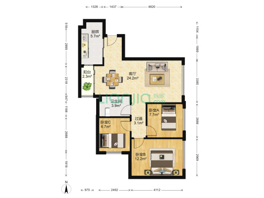 蓝光花满庭二期 3室1厅1卫 74平方