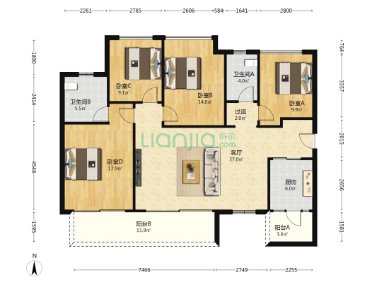 麓鸣九天麓吟苑 4室1厅2卫 149平方
