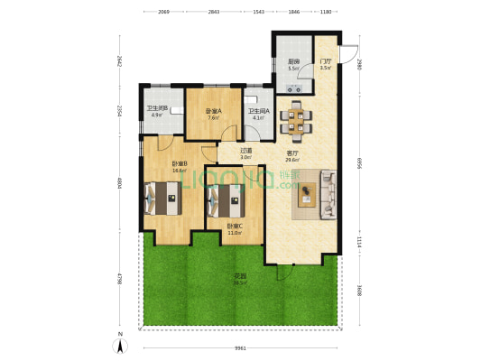 梦湖花镜孔雀城 3室1厅2卫 119平方