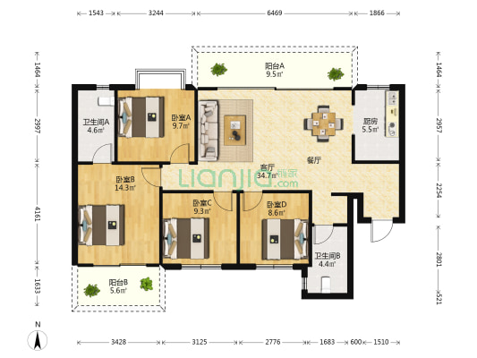 阳光城光明湖畔苑 4室1厅2卫 135平方