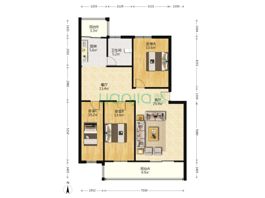 南北通透大三居 单价5000 宜家旺南边-户型图