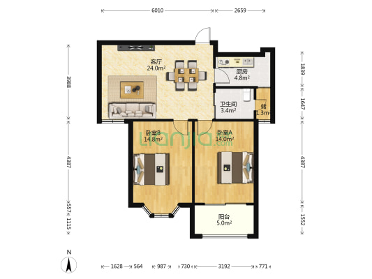 宜海格林镇A区 2室1厅1卫 81平方