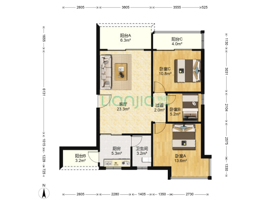 摩登华雅轩 3室1厅1卫 100平方
