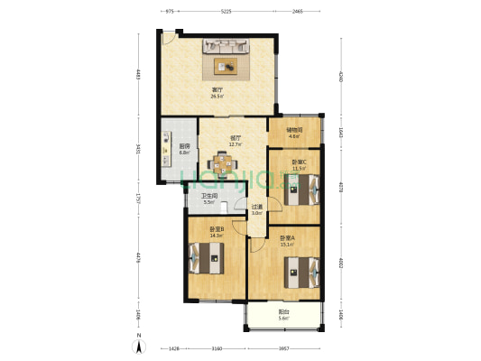 文化苑小区 3室2厅1卫 127平方