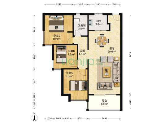 龙津世家 3室1厅1卫 110平方
