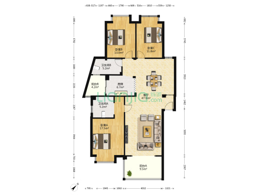 锦里光华 3室1厅2卫 136平方