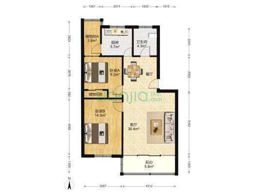 勤劳街20号院 2室1厅1卫 88平方
