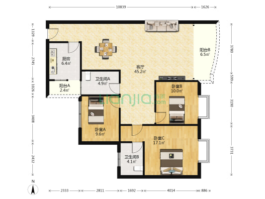 怡馨花园 3室1厅2卫 122平方