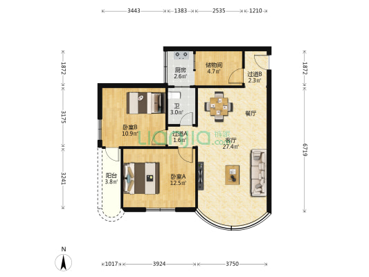 金钟花园 2室1厅1卫 74平方