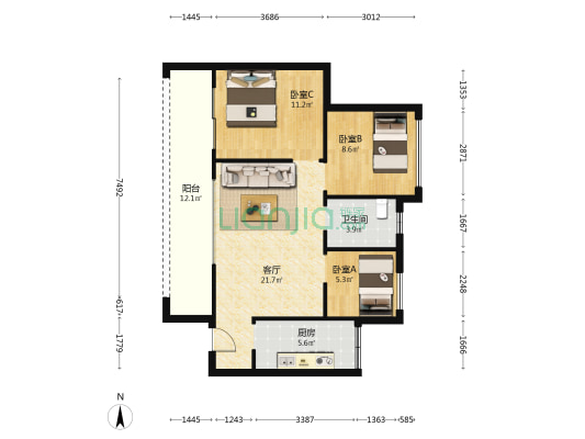 莱茵河畔 3室1厅1卫 85平方