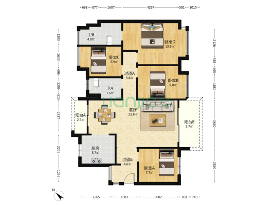融创云水观璟花园 4室1厅2卫 115平方