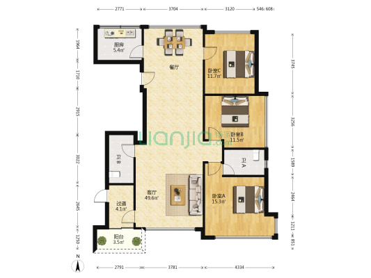 星河蓝湾 3室1厅2卫 105平方