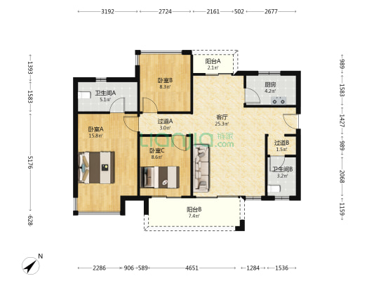 万达公园里1期 3室1厅2卫 106平方