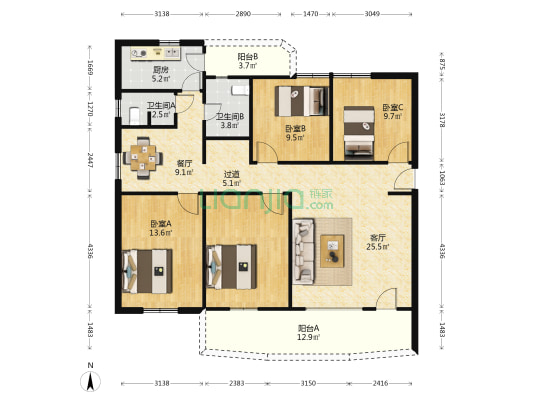 经济合作厅宿舍 3室2厅2卫 116平方