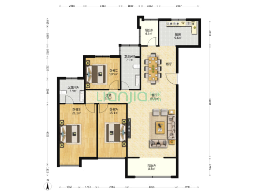 中铁滨河佳园 3室1厅2卫 150平方